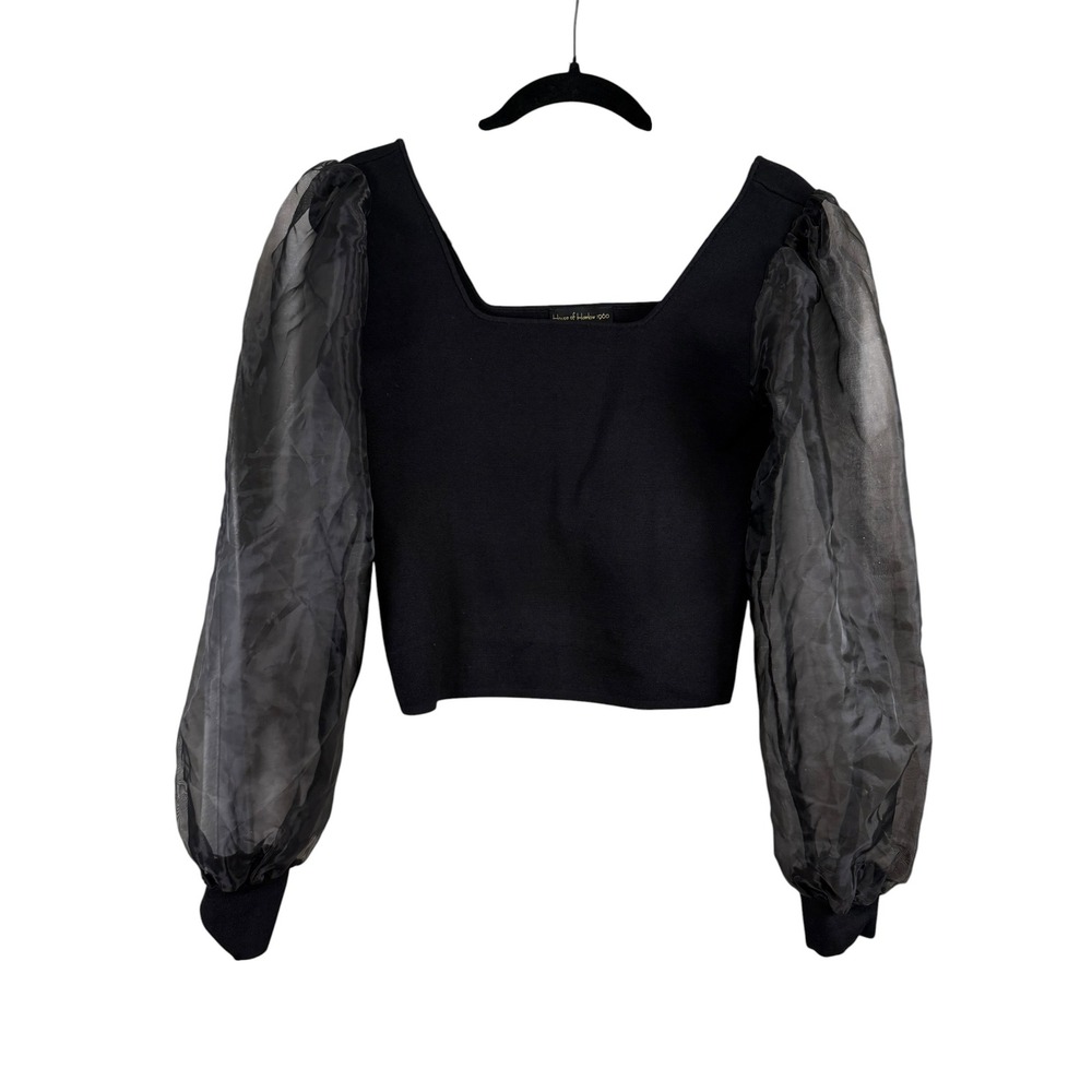 House of Harlow 1960 Black Knit Square Neck Sheer Organza Puff Sleeve Top Medium